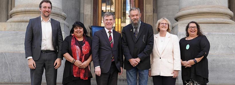 L to R: Nicholas Symons, Chief Financial Officer; Cheryl Axleby-Keeffe, Head - Aboriginal Housing; The Hon. Nick Champion MP, Minister for Housing and Urban Development; Scott Wilson - Lead Convenor, South Australian Aboriginal Community Controlled Organisation Network (SAACCON); Julie-Anne Burgess, Chief Executive, Christine Thyer - SAACCON Co-Convener.