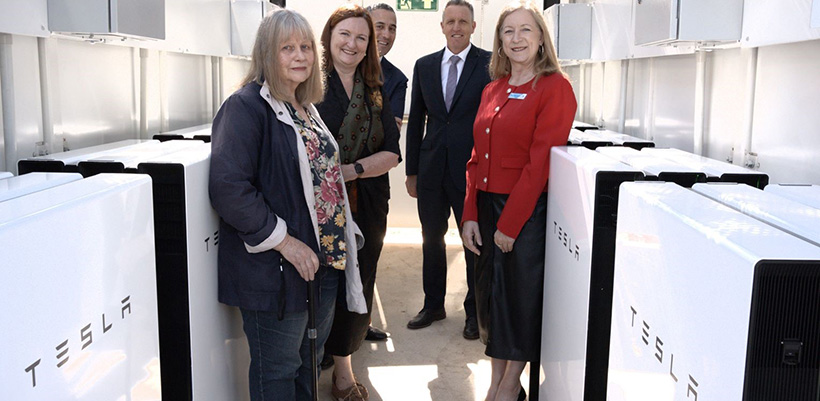 Left to Right: Our tenant Diana who has benefitted from the community batteries, Hon Louise Miller-Frost MP, Hon Tom Koutsantonis MP, Hon Josh Wilson MP, Councillor Jayne Hoffmann pictured at the community battery in Edwardstown