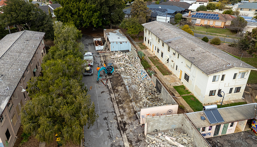 Aerial shot of Drew Court, Oaklands Park being demolished Aerial shot of Drew Court, Oaklands Park being demolished