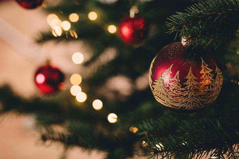 Red and gold Christmas bauble hanging off a christmas tree branch