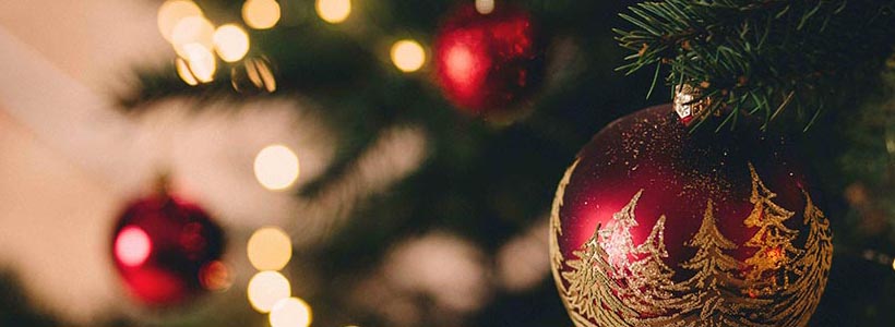 Red and gold Christmas bauble hanging off a Christmas tree branch