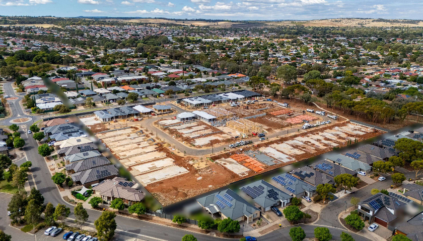 An aerial photo of a housing development under construction.