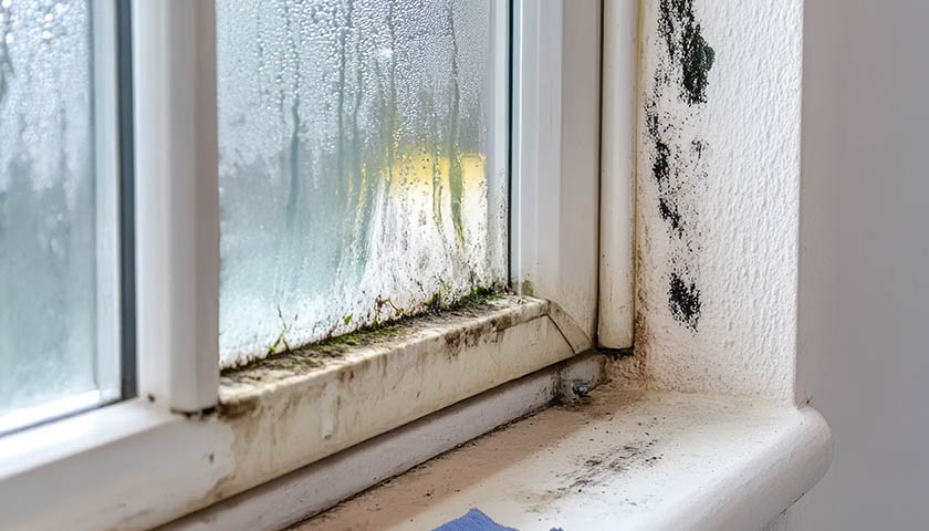 A white window frame covered in mould