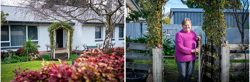 Left: Christine's house and garden and Right: Christine standing at the front gate of her garden.