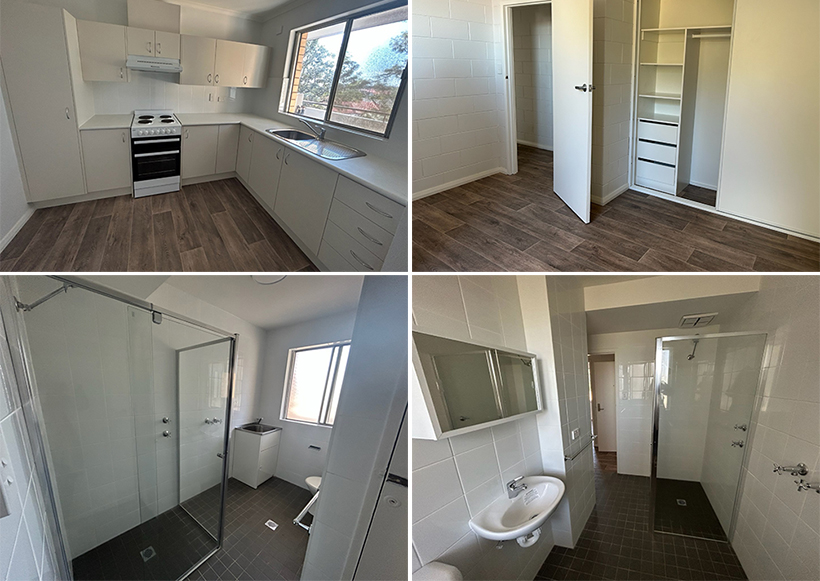 Renovations at Findon apartment: Top Left Kitchen & Right Bedroom and Bottom Left Bathroom & Laundry and Right Bathroom basin & shower