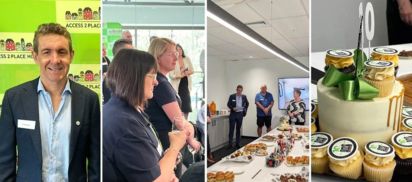 Left to Right Access 2 Place CEO Trent Lines, Staff celebrations, spread of food and 10th birthday cake