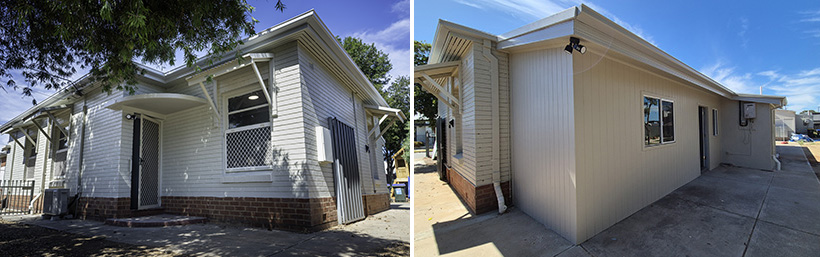 Kurlana Tampawardli Aboriginal crisis accommodation, Left: front exterior view of renovated crisis accommodation and Right: Back exterior view